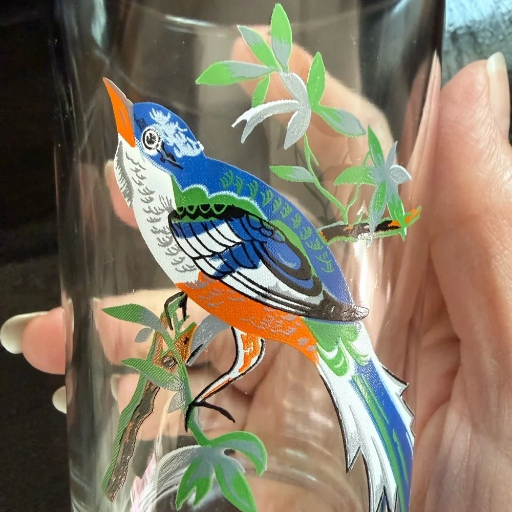 Vtg KIG Exotic Tropical Bird Glasses Tumblers MCM Barware Boho Tiki Kitschy